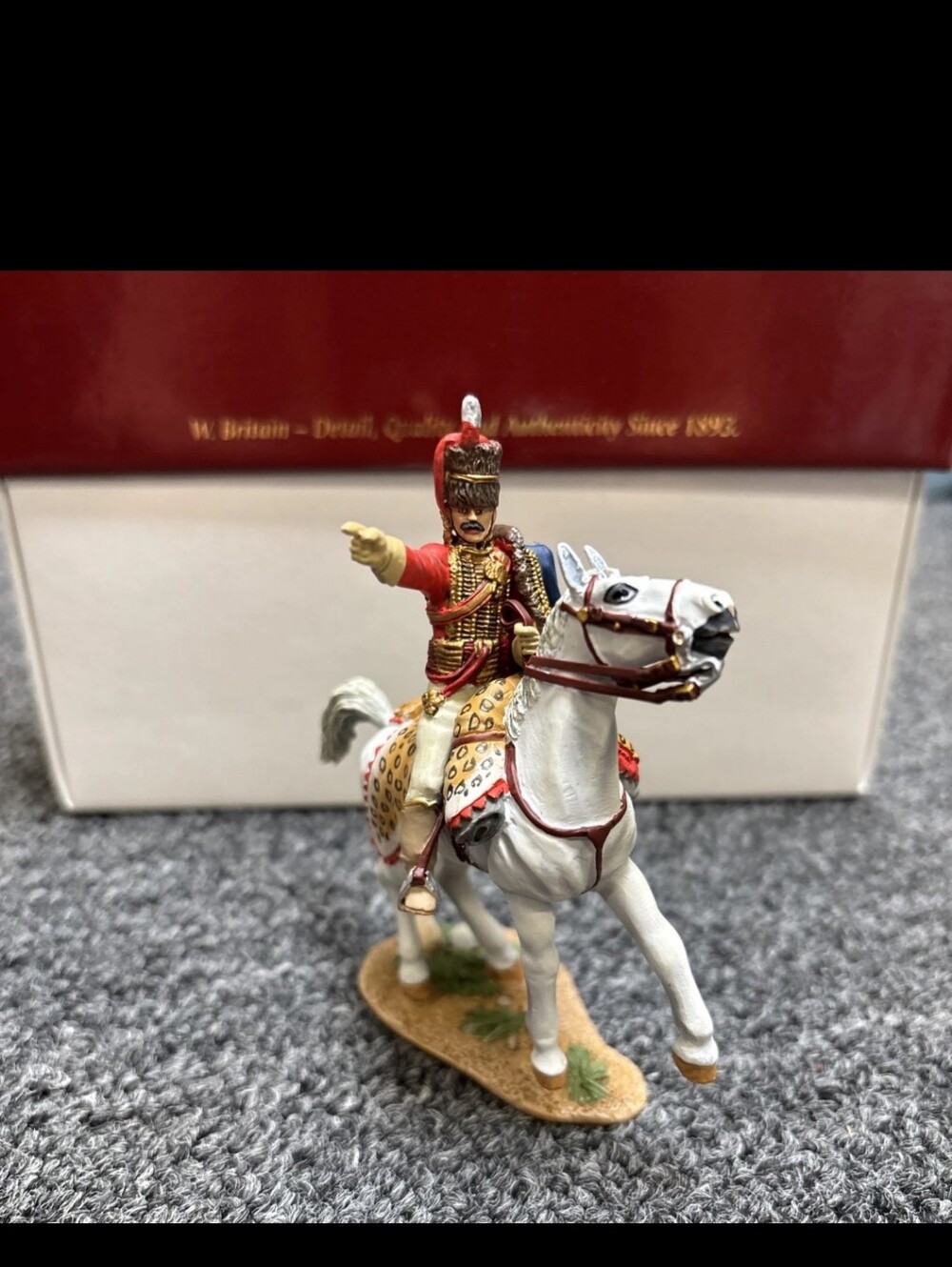 Hand-Painted Cavalry Officer on White Horse Figurine - Red & White